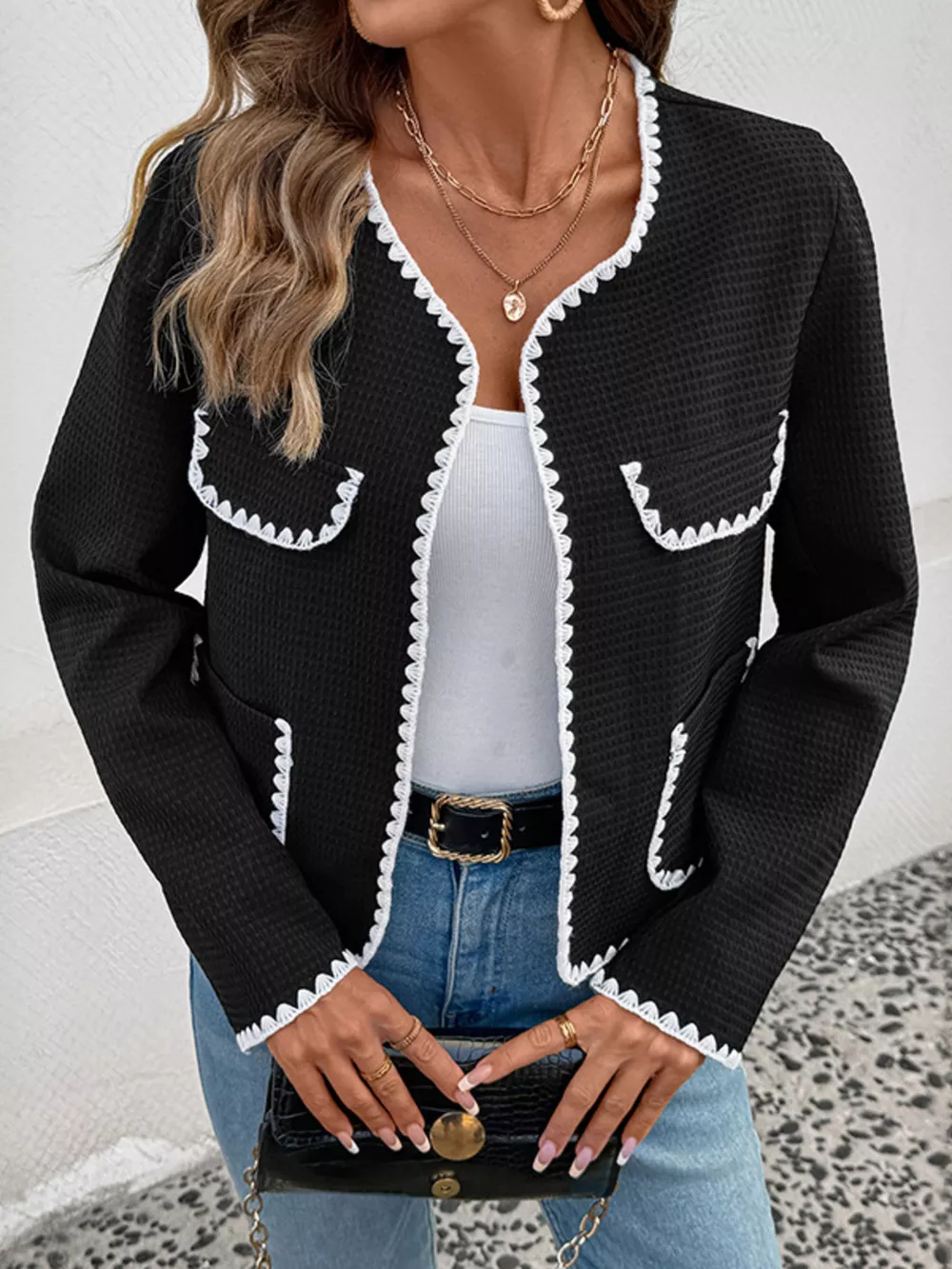 Contrast Trim Open Front Jacket, image 6