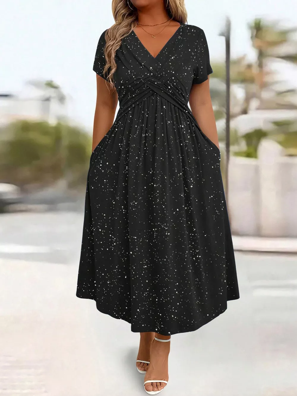 Full Size Glitter Flutter Sleeve Midi Dress Plus Size, image 7