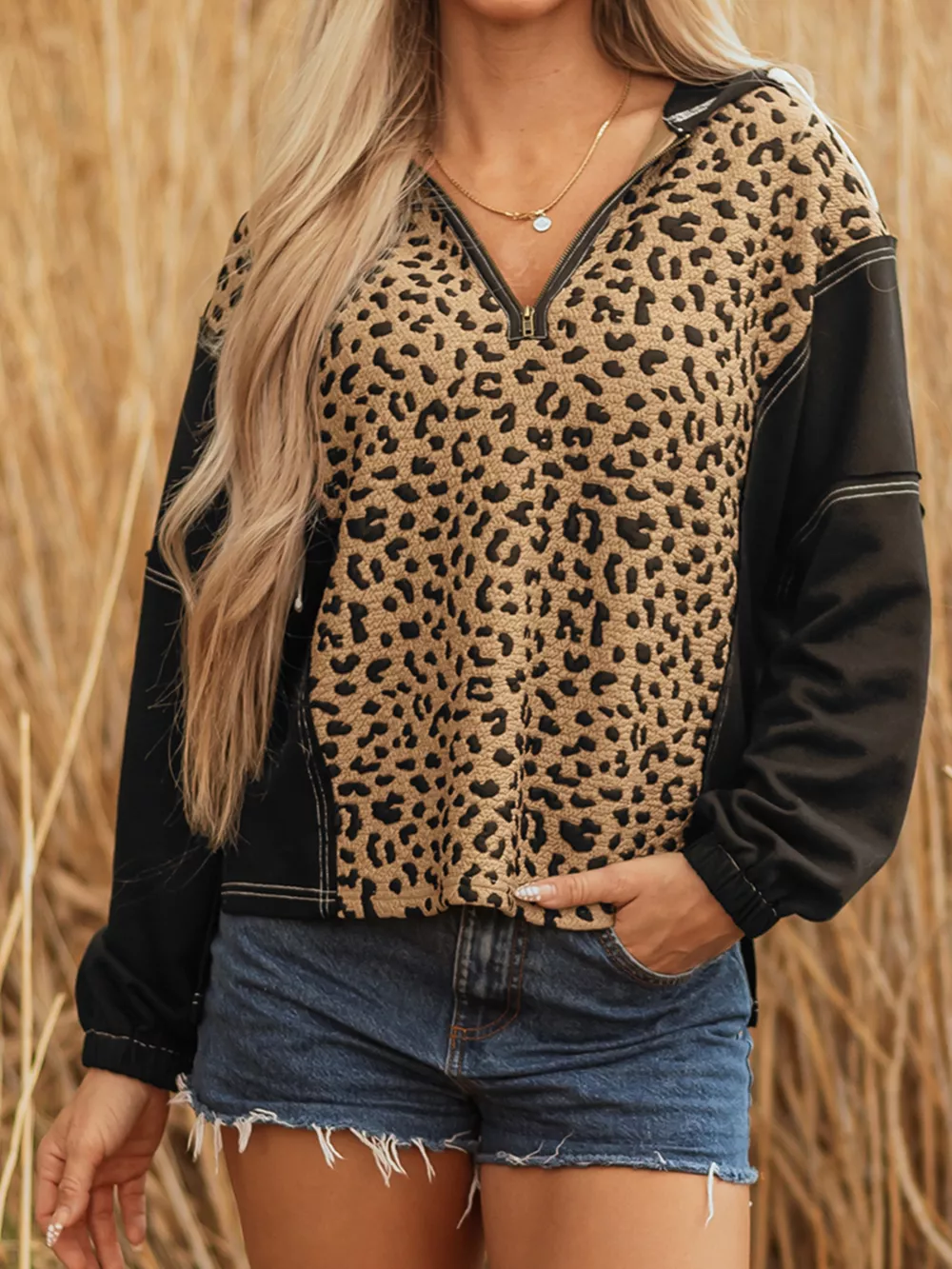 Leopard Patchwork Contrast Stitching Knotted Cuff Quarter Zip Hoodie, image 7