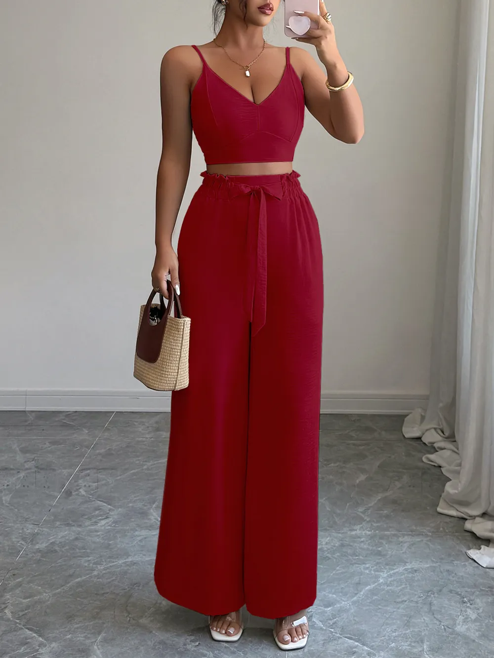 V-Neck Cami and Wide Leg Pants Set, image 5