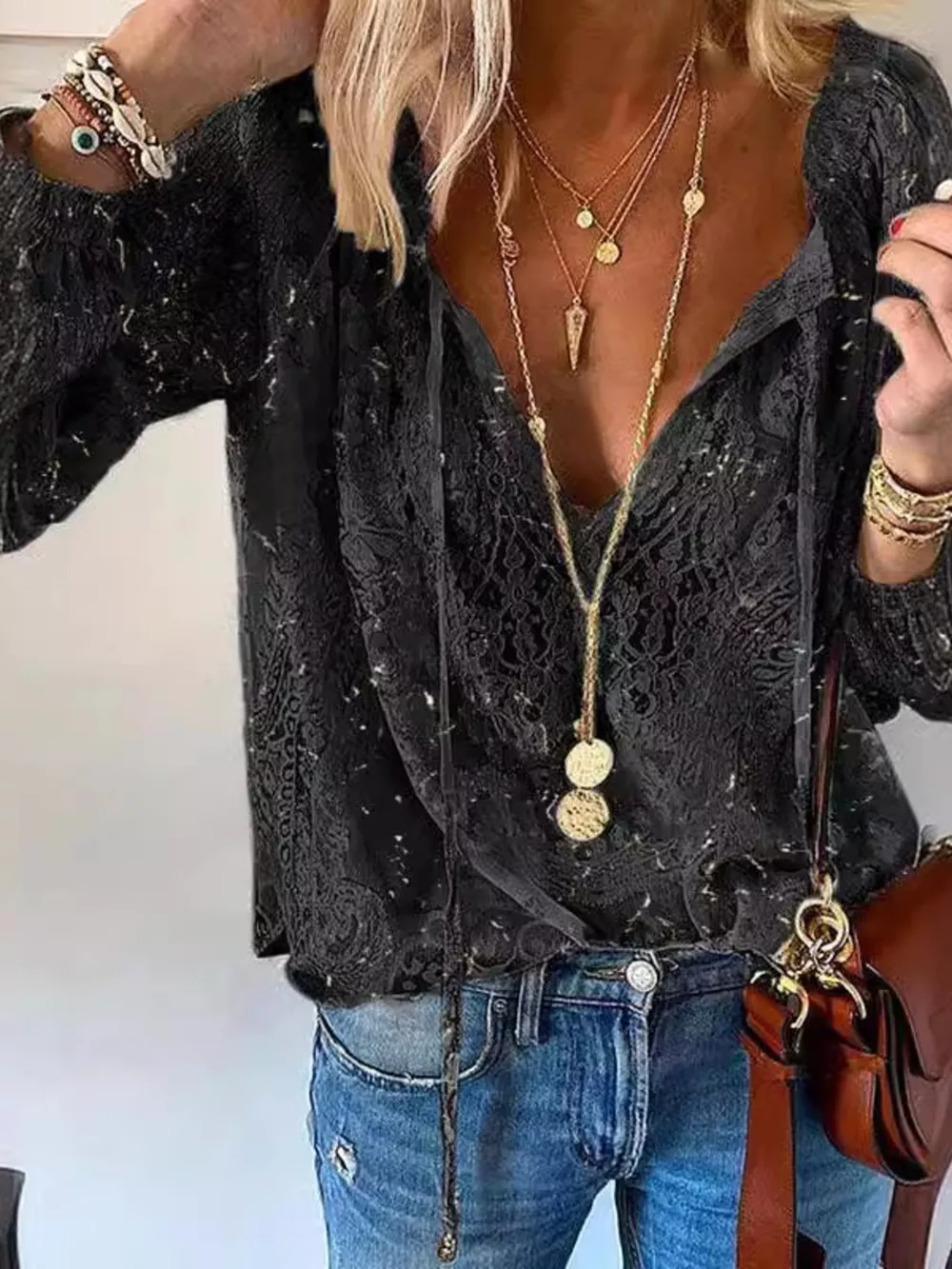 Lace Tie Neck Long Sleeve Blouse, image 3