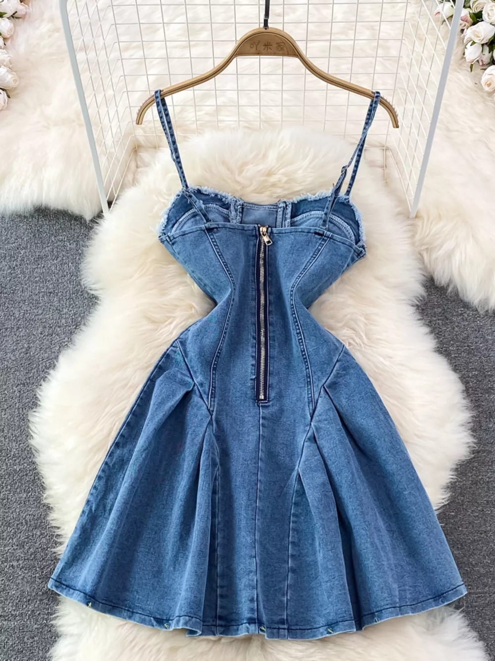 Lace-Up Denim A-Line Mini Dress, image 2