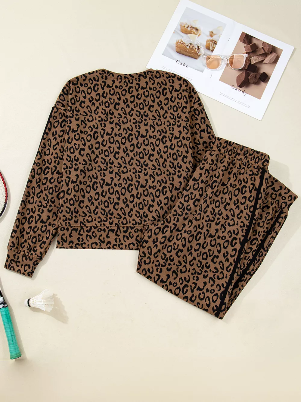 Striped Trim Leopard Long Sleeve Top Drawstring Pant Set, image 6