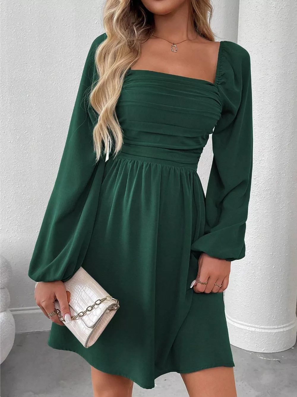 Ruched Square Neck Long Sleeve A-Line Dress, image 10