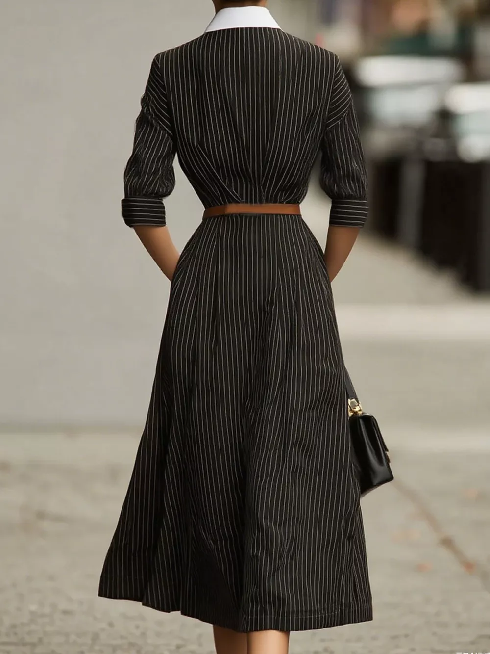 Striped Collared Neck Midi Dress, image 2