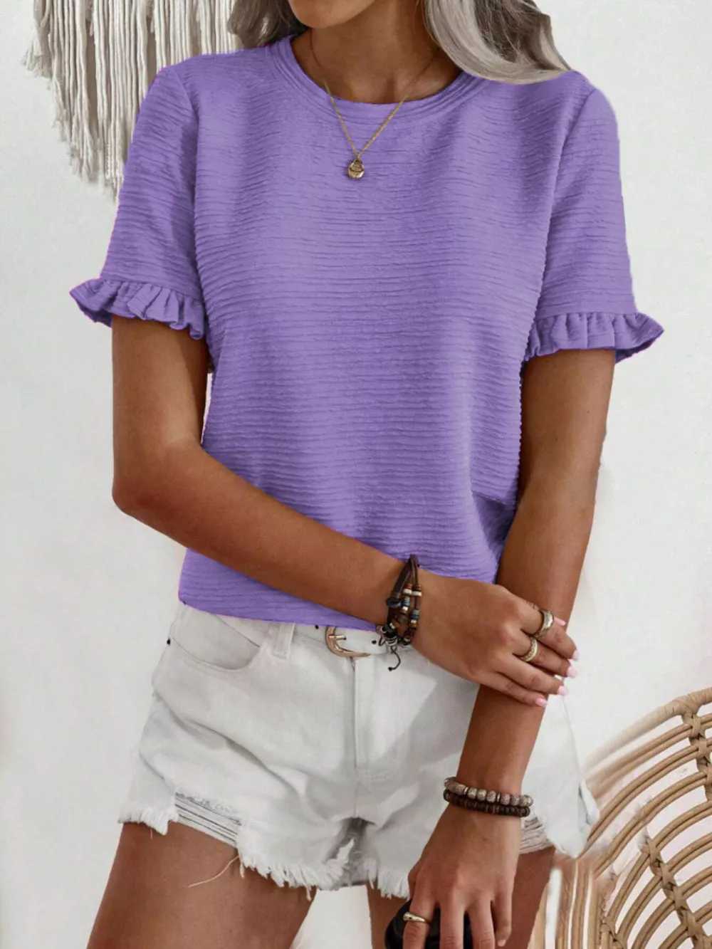 Textured Ruffle Sleeve Round Neck T-Shirt, image 10