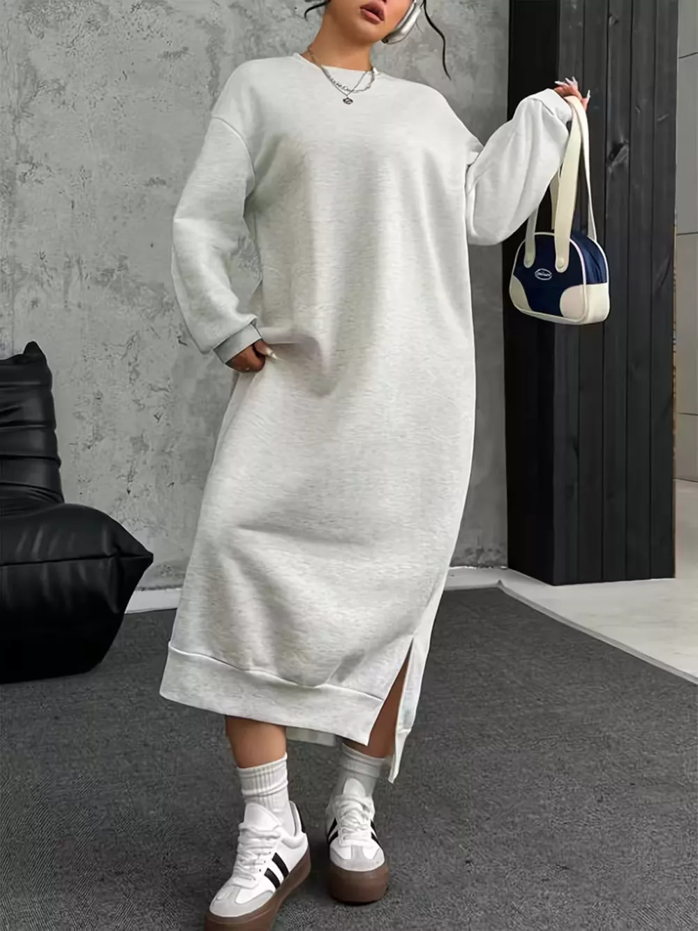 Plus Size Casual Slit Long Sleeve Sweatshirt Dress, image 4