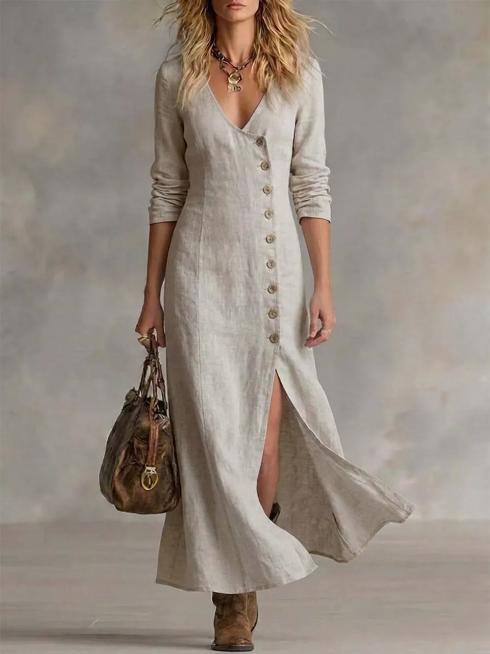Full Size Button Front Slit Maxi Dress Plus Size, image 4