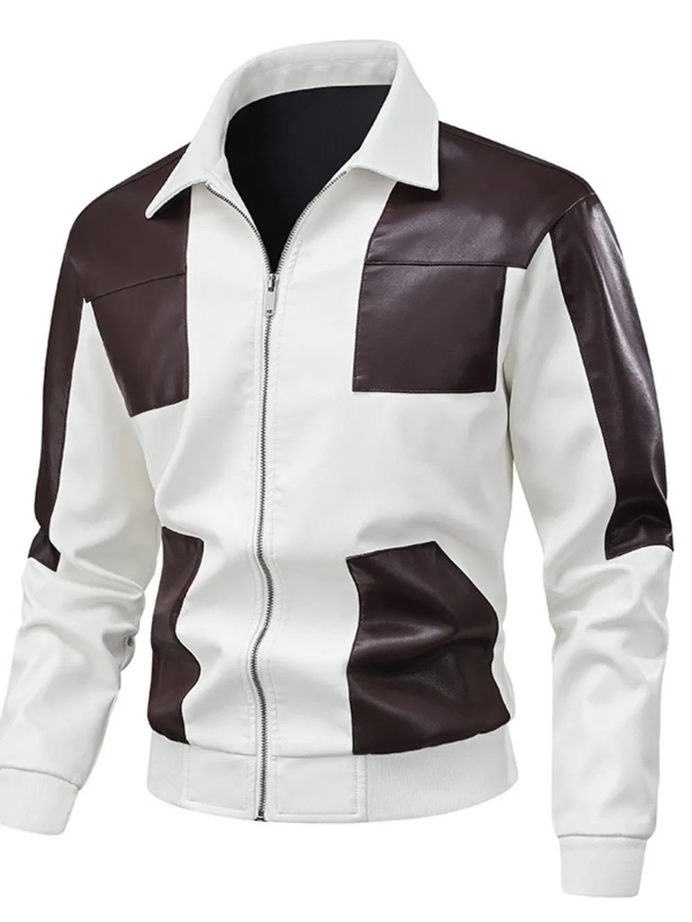 Men's Two-Tone Leather Bomber Jacket with Zip Front, image 2