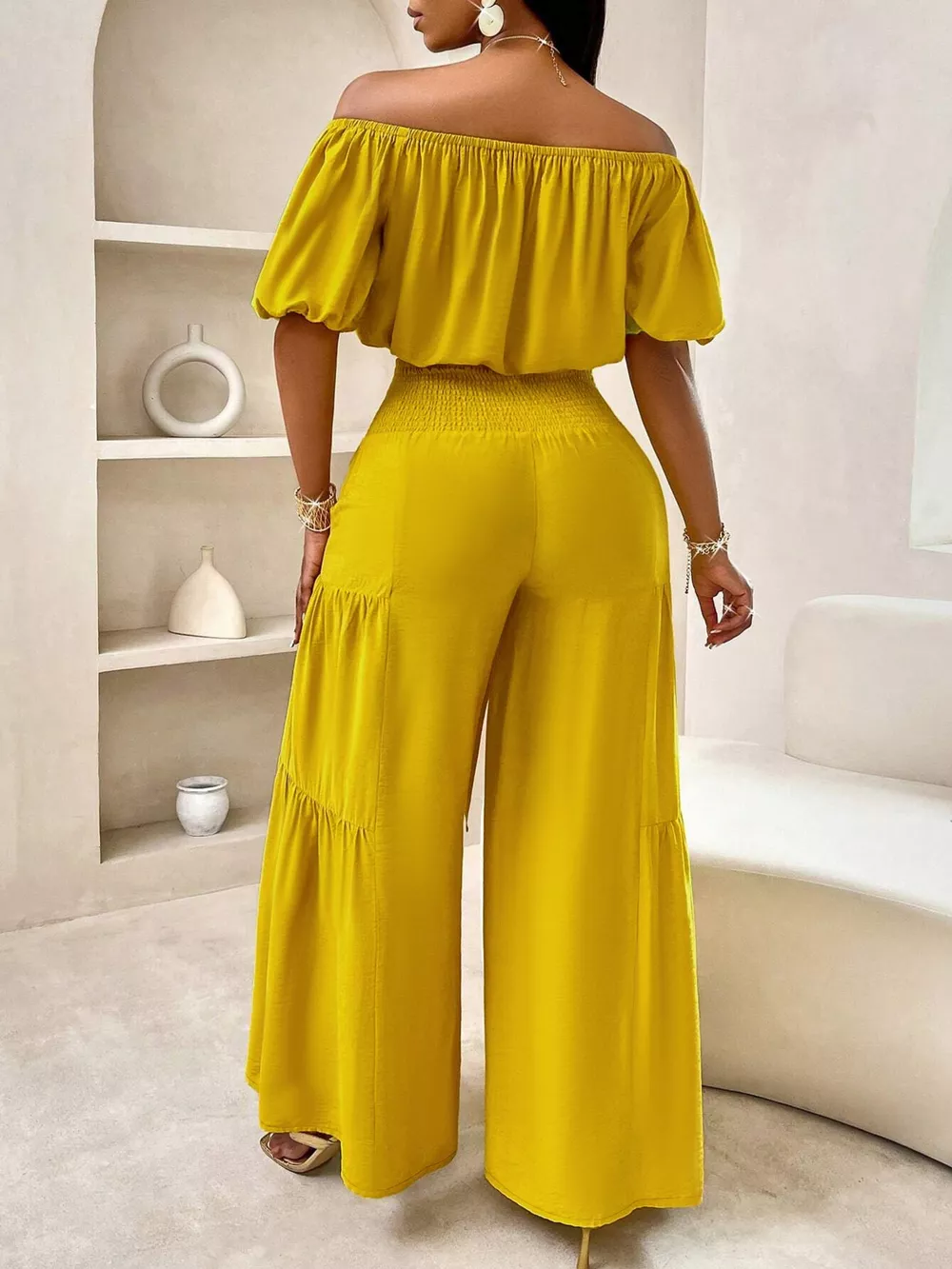 Elegant Off-Shoulder Crop Top and Ruched Wide Leg Pants Set, image 3