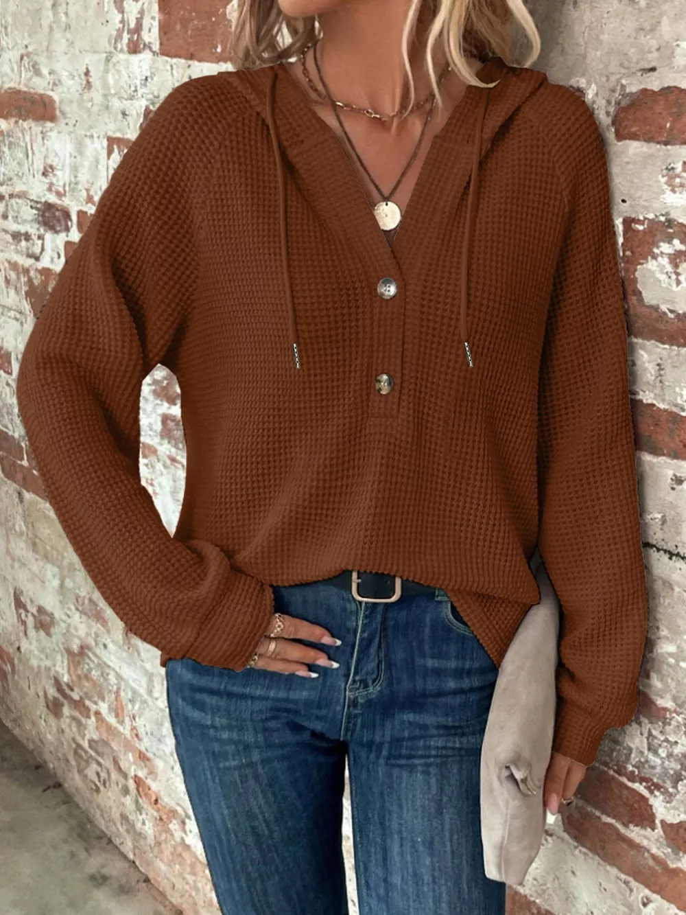 Waffle Knit Button Detail Hoodie, image 23