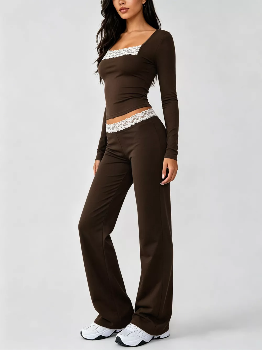 Long Sleeve Lace Trim Crop Top and Wide Leg Pants Set, image 4