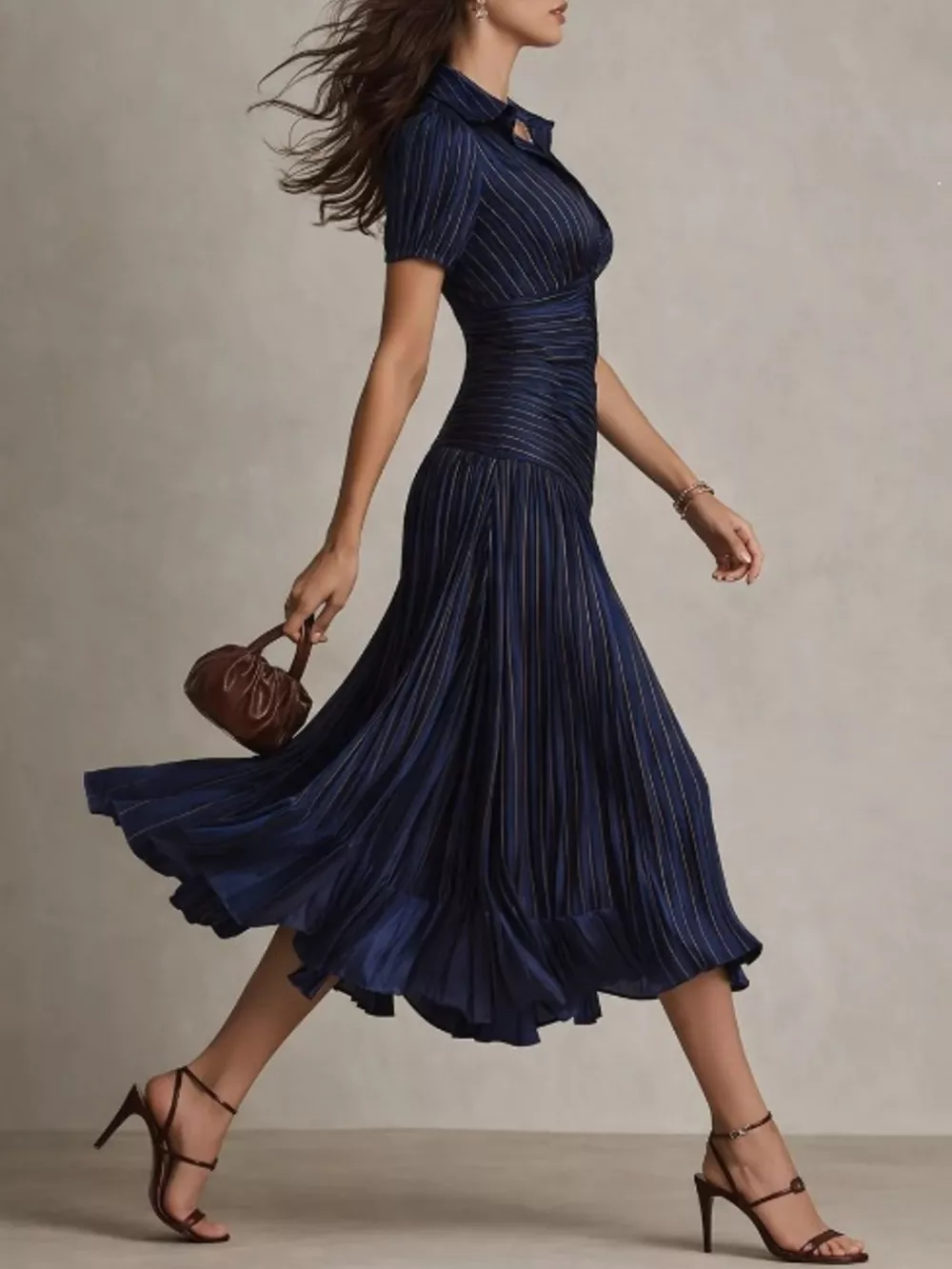 Pleated Striped Short Sleeve Midi Dress, image 2