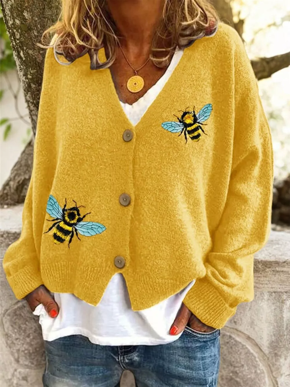 Bee Embroidered Button-Down Cardigan, image 2
