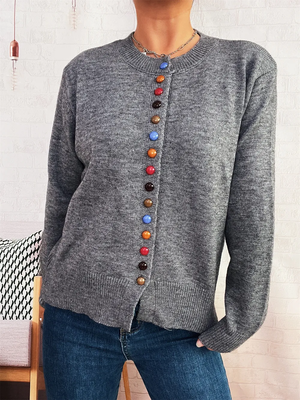 Button-Front Cardigan with Colorful Detail Buttons, image 30