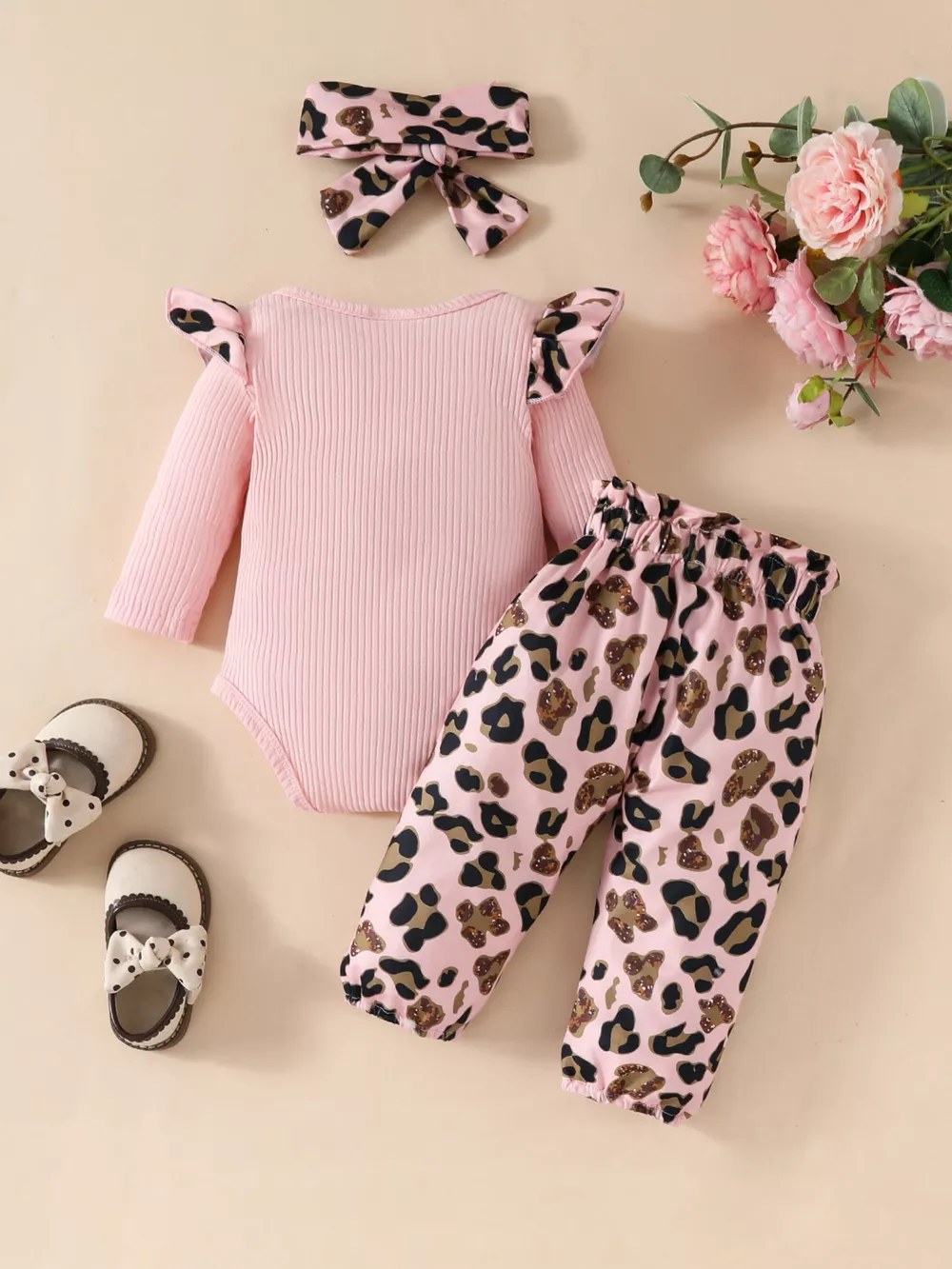 Children's Leopard Ruffled Bodysuit and Pants Set with Headband, image 7