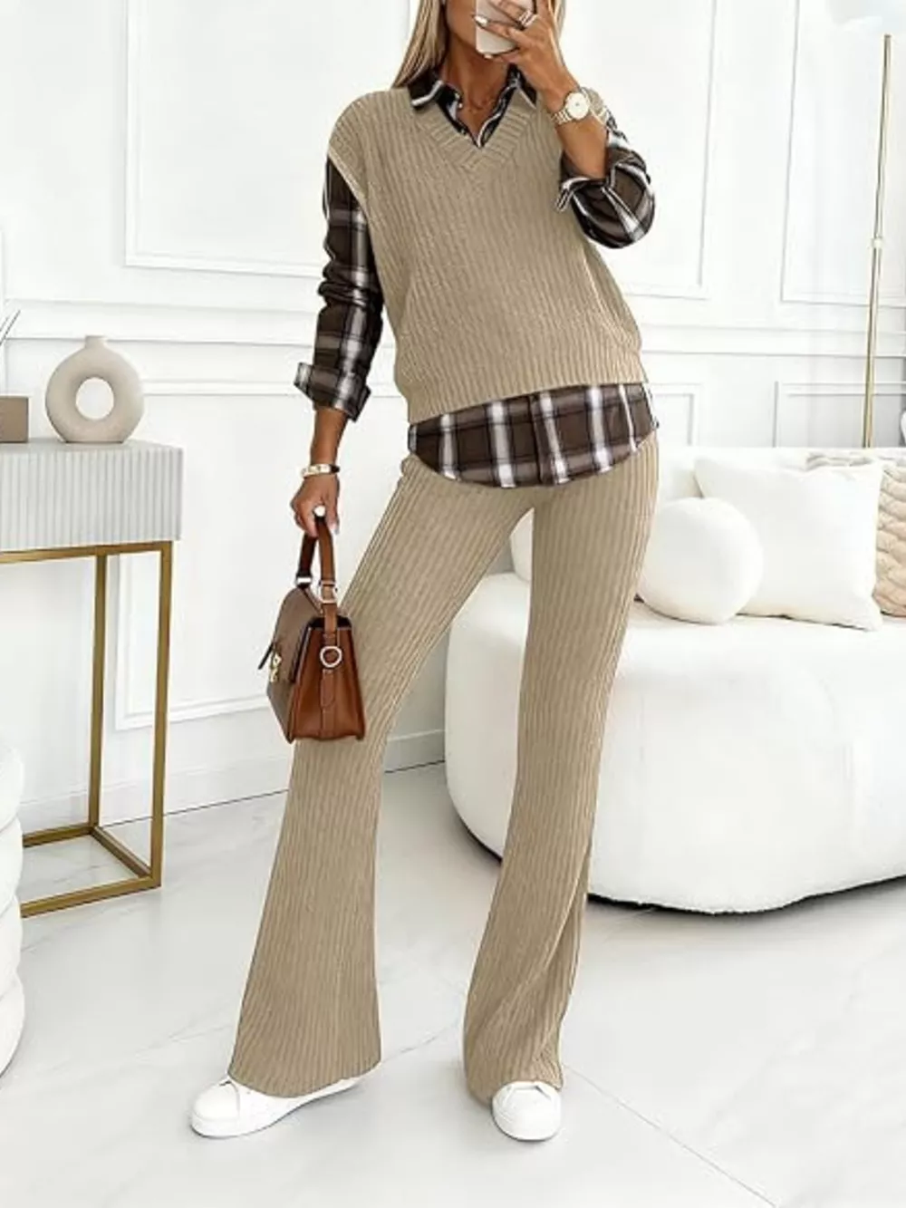 Ribbed Knit Plaid Sleeve Top & Pants Set, image 16