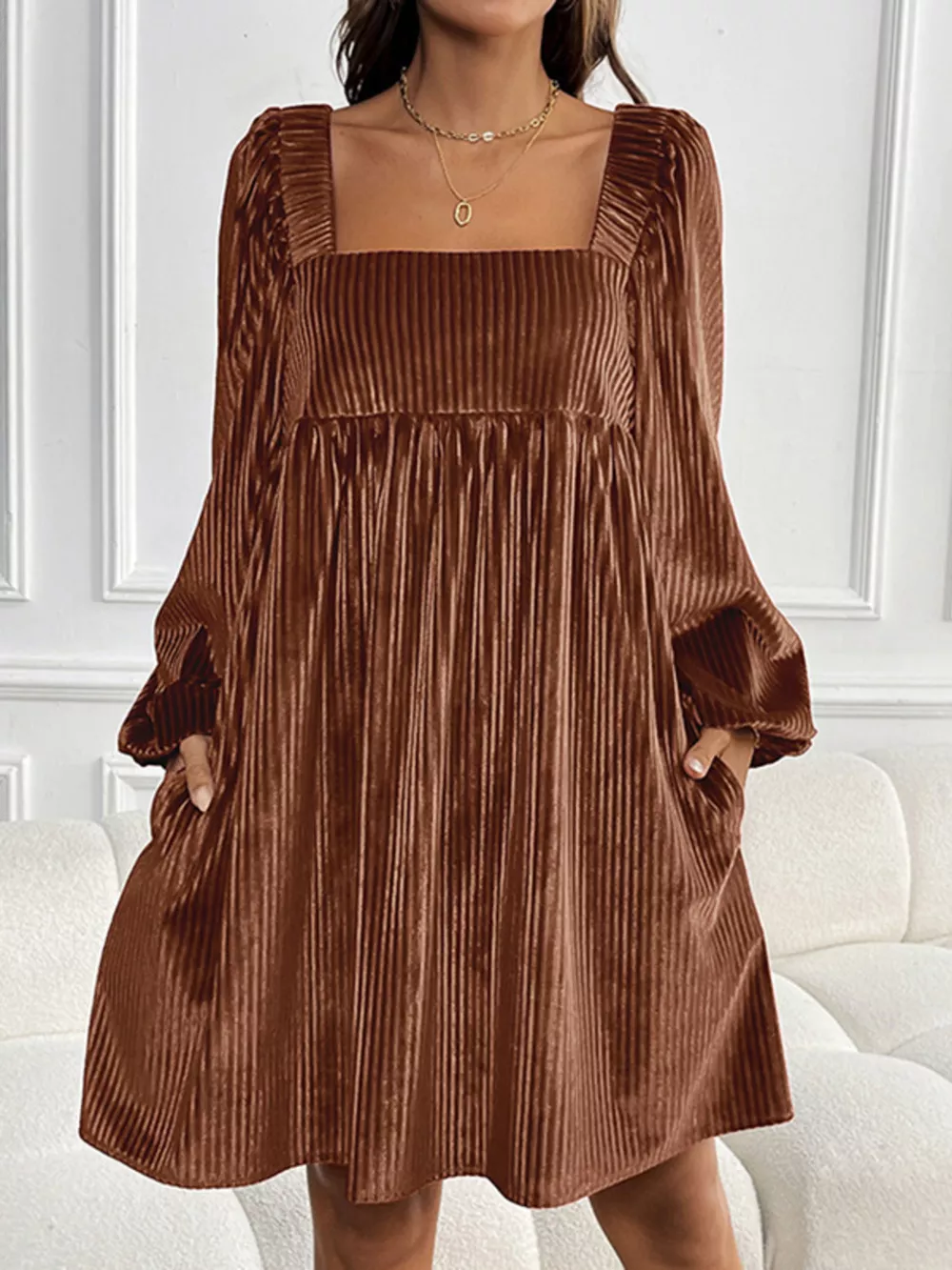 Velvet Square Neck Long Sleeve Dress, image 11