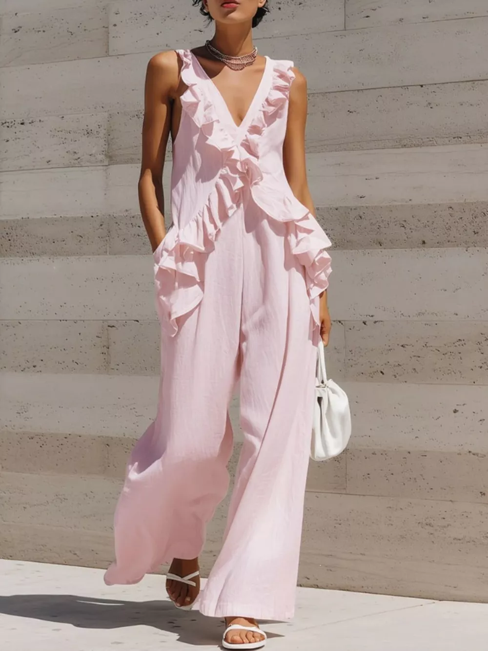 Ruffled V-Neck Sleeveless Jumpsuit
