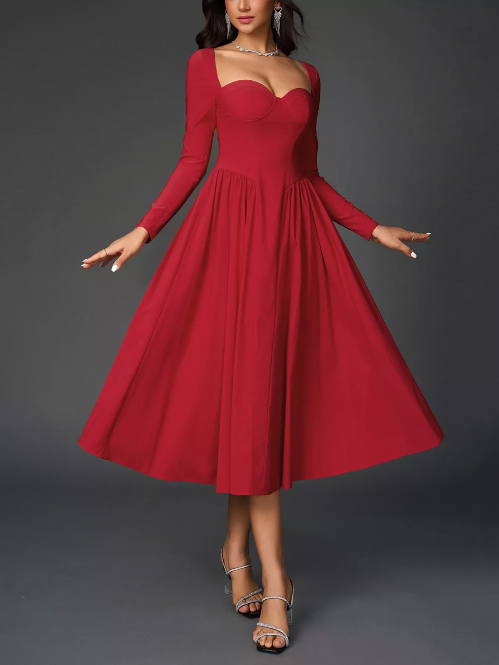 Sweetheart Neckline Long Sleeve A-Line Midi Dress, image 2