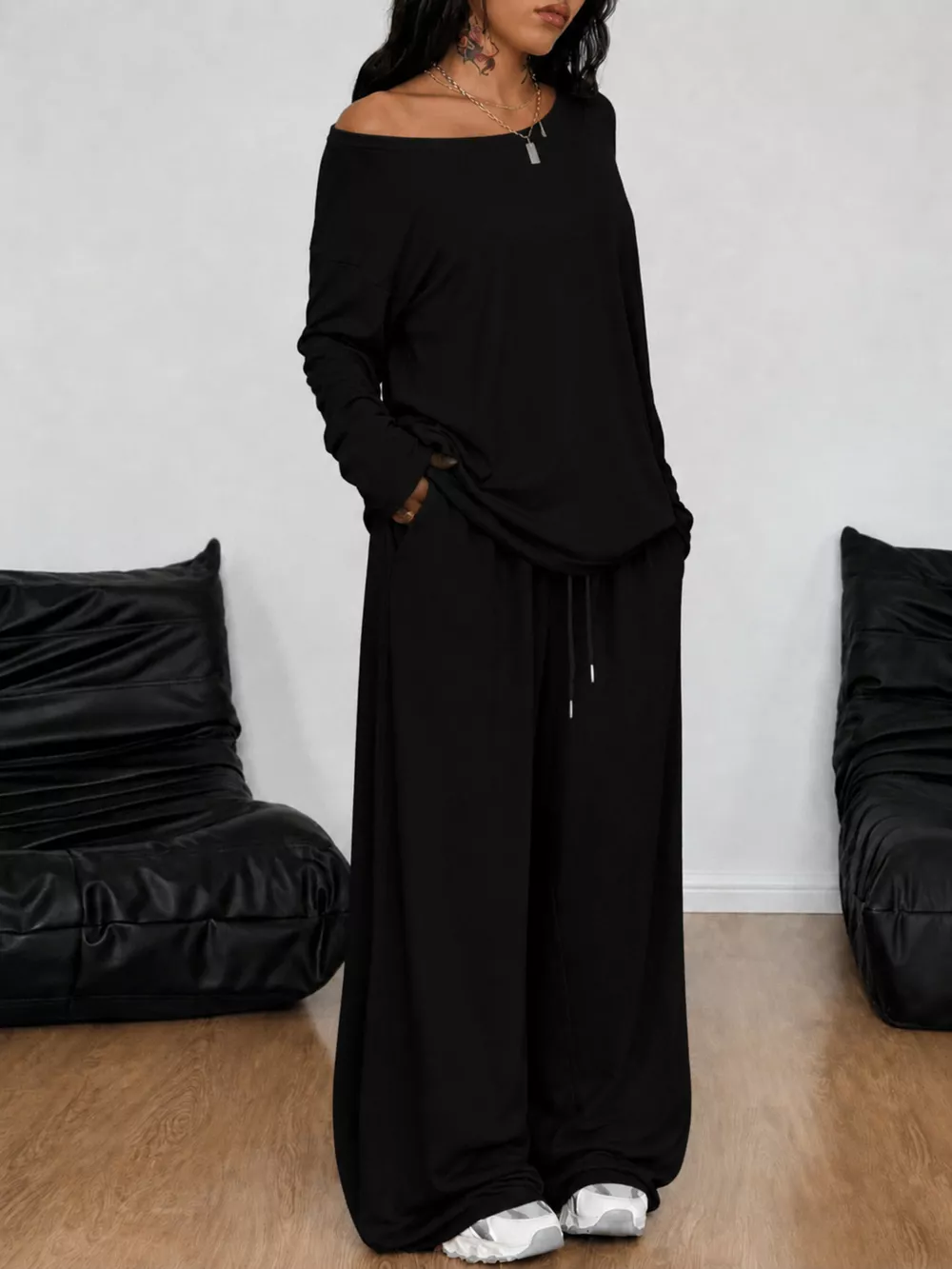 Full Size Comfortable Loose Fit One-Shoulder T-Shirt and Pants Set Plus Size, image 13