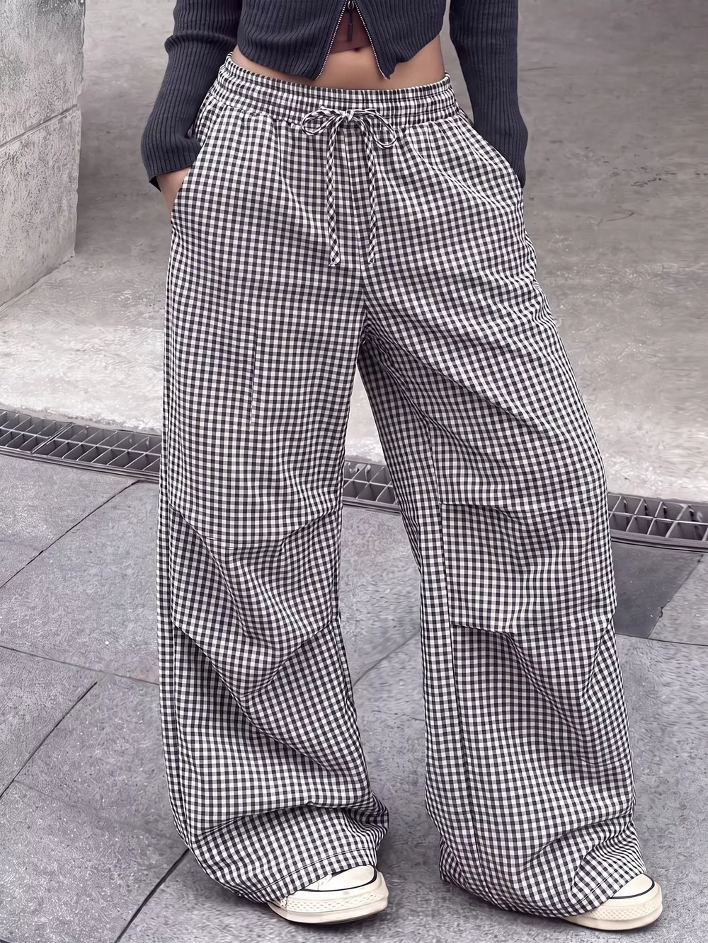 High-Waisted Gingham Wide-Leg Drawstring Pants, image 10