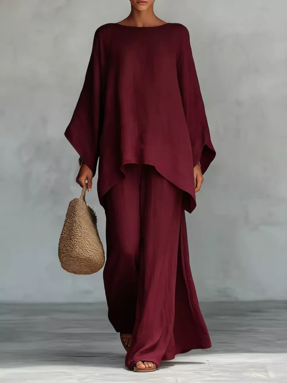 Full Size Round Neck Top and Wide Leg Pants Set Plus Size, image 9