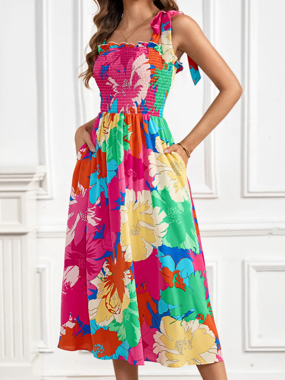 Smocked Printed Tie Shoulder Midi Dress