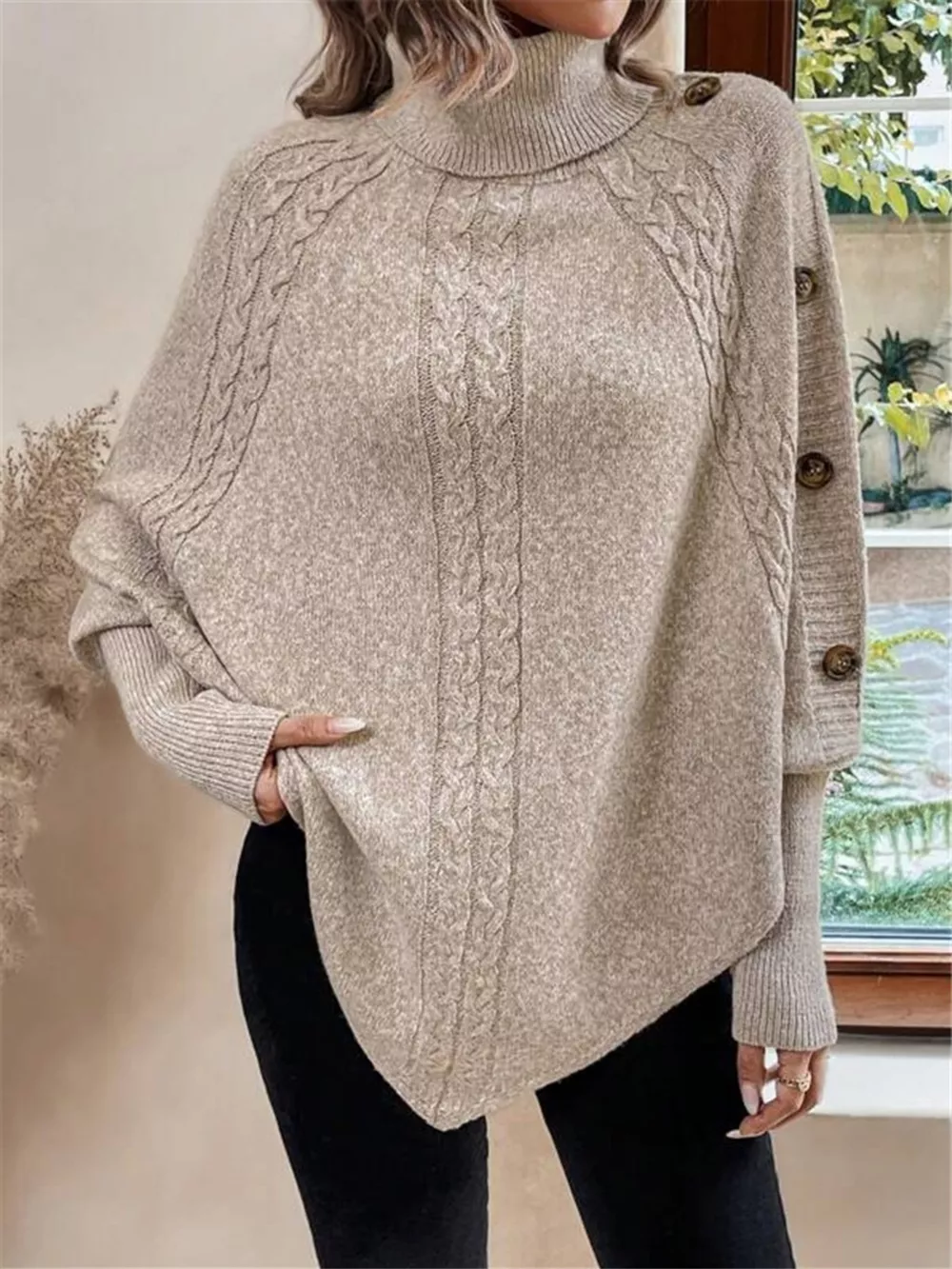 Cable Knit Turtleneck Cape Sweater, image 4