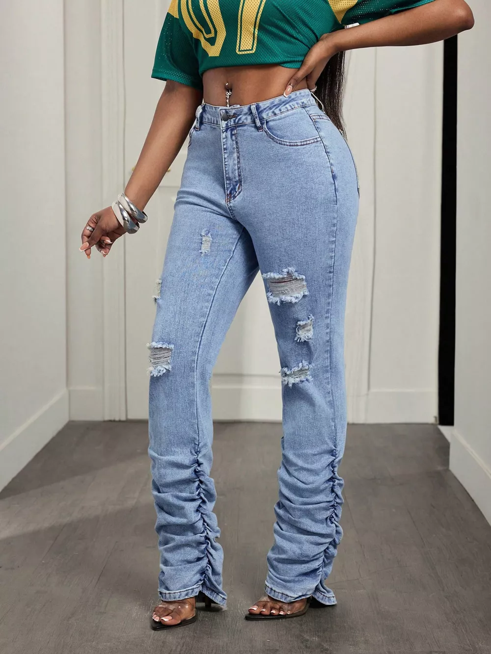 High-Waisted Distressed Stacked Hem Jeans, image 3