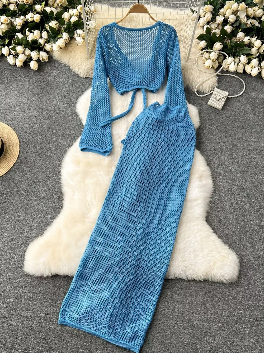 Knitted Crop Top and Slit Skirt Set, image 2