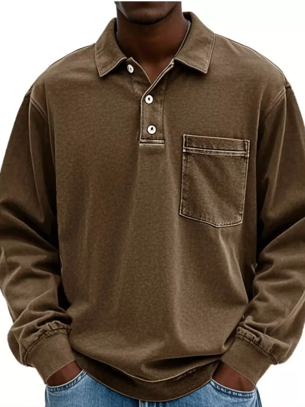 Men's Full Size Vintage Button Detail Long Sleeve Polo Plus Size, image 7