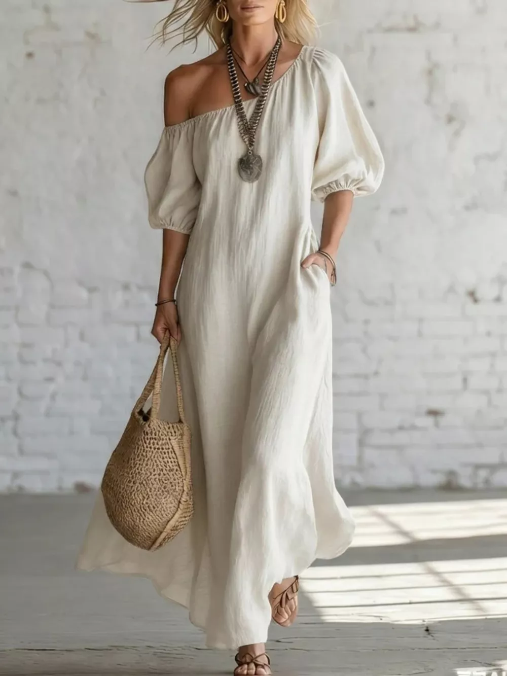 One-Shoulder Puff Sleeve Maxi Dress, image 5