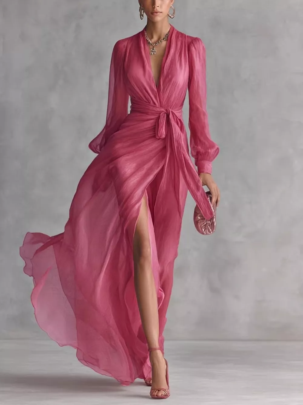Long Sleeve Chiffon Wrap Maxi Dress with High Slit