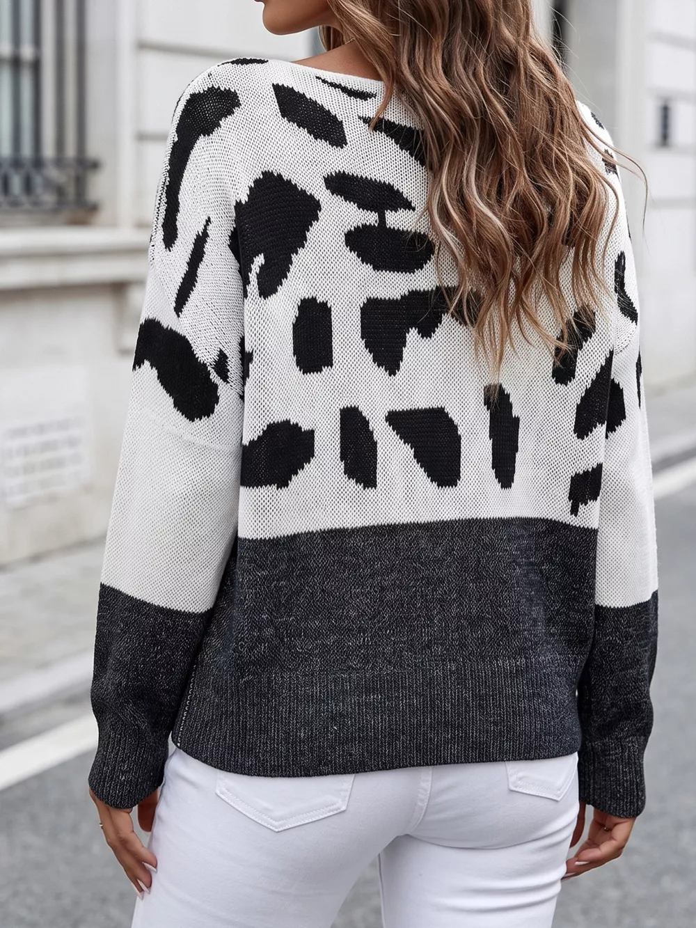 Full Size Off-Shoulder Colorblock Animal Print Sweater Plus Size, image 12