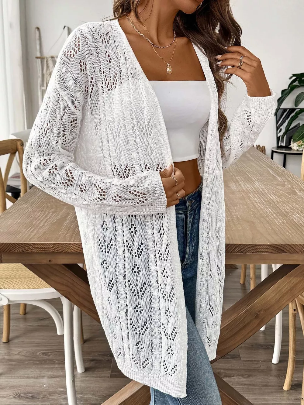Openwork Open Front Knit Cardigan, image 4