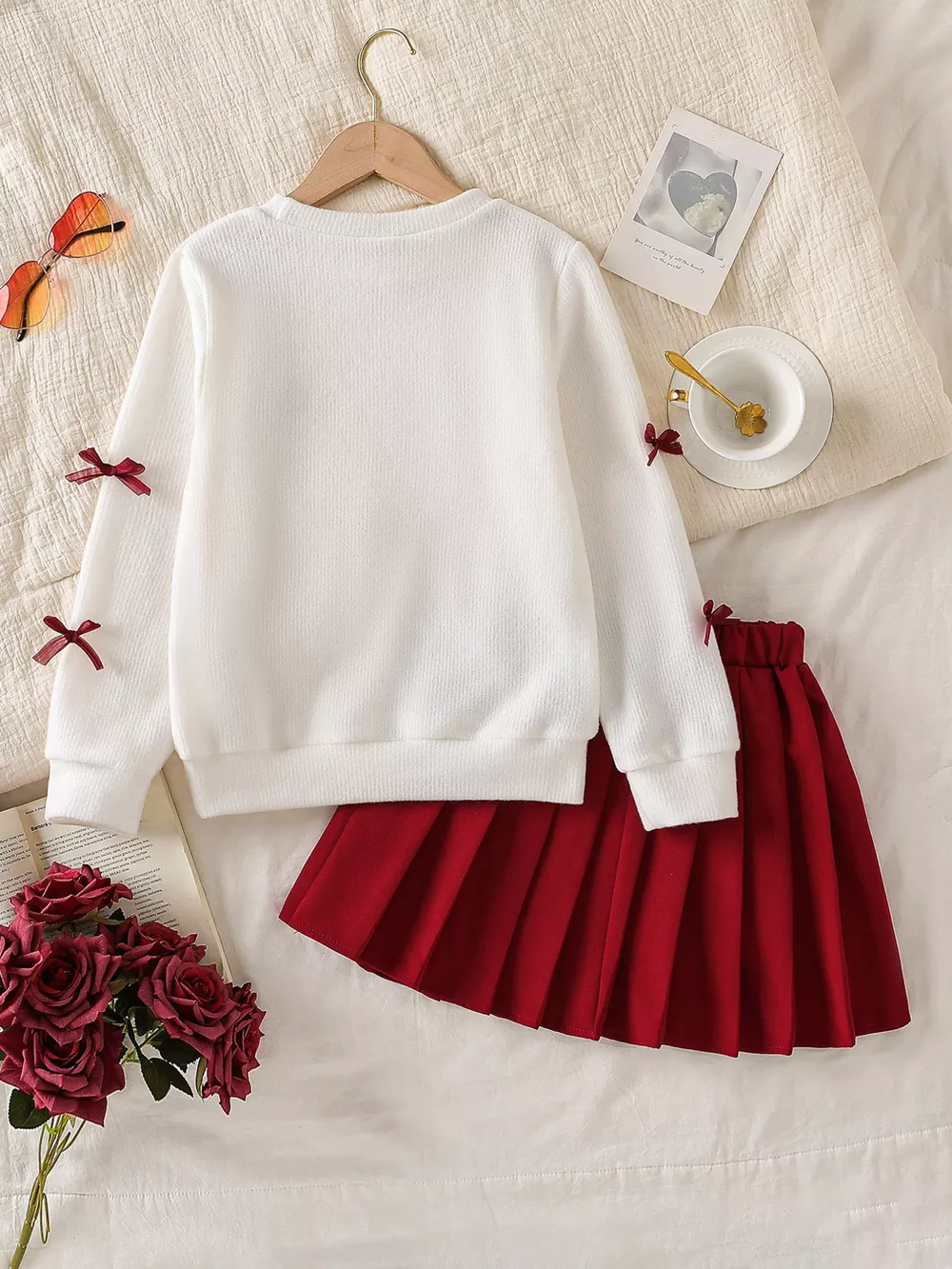 Children's Bow Long Sleeve Top and Skirt Set, image 7