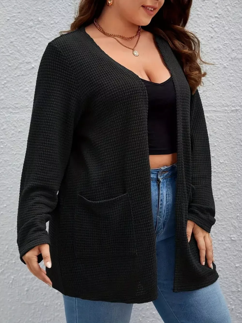 Plus Size Open Front Long Sleeve Knit Cardigan, image 2
