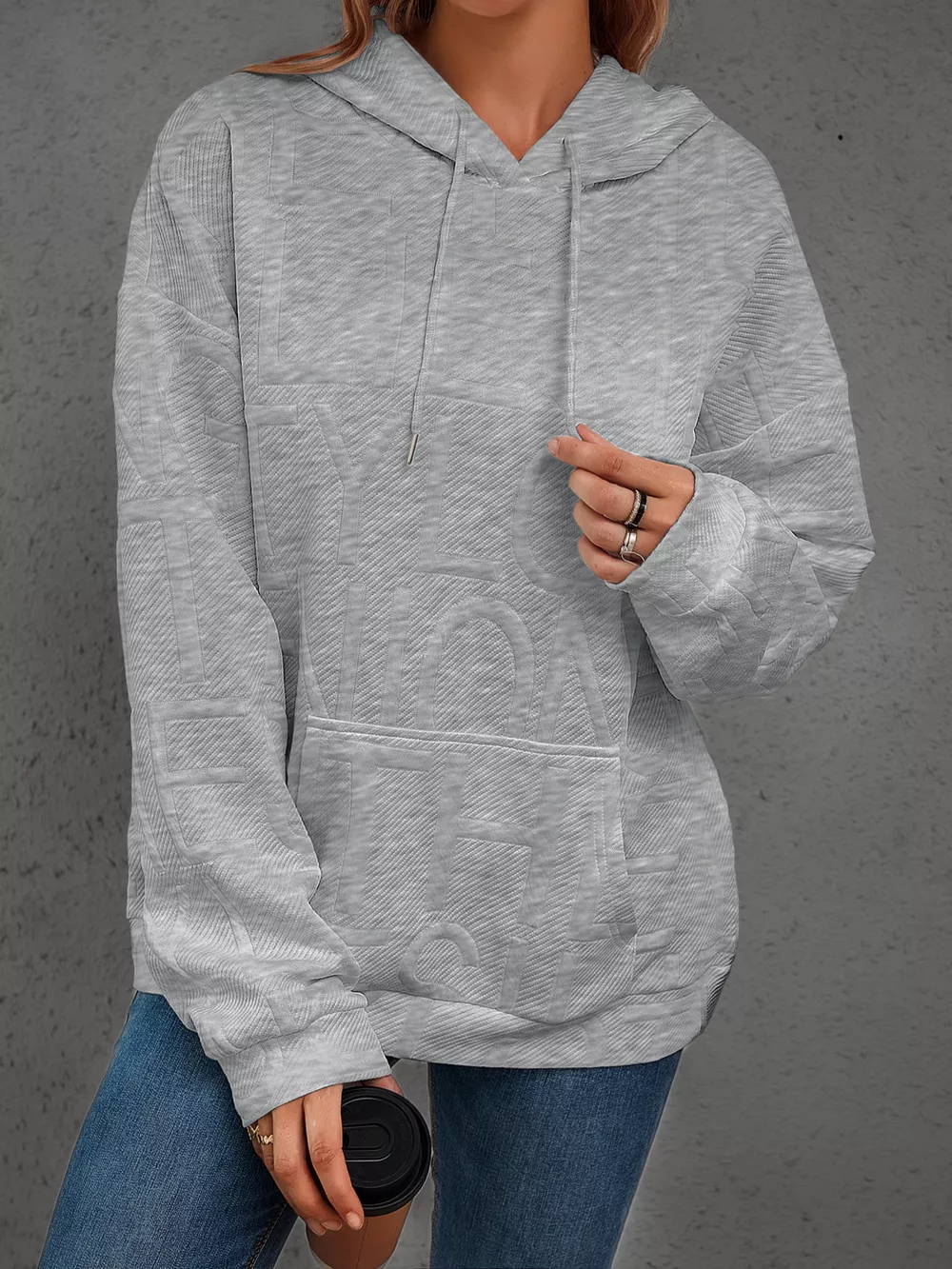 Full Size Textured Embossed Long Sleeve Hoodie Plus Size, image 10