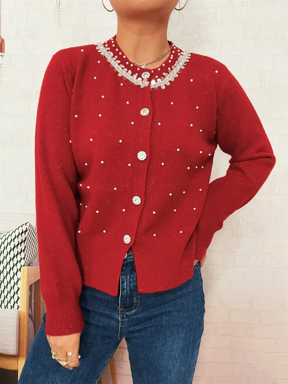 Pearl Detail Button-Front Cardigan, image 2