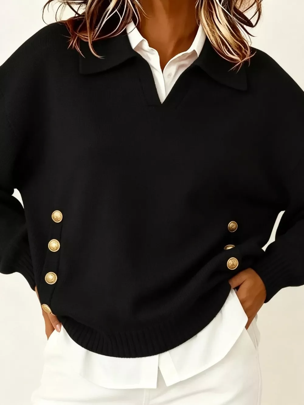 Chic Collared Decor-Button Sweater, image 16