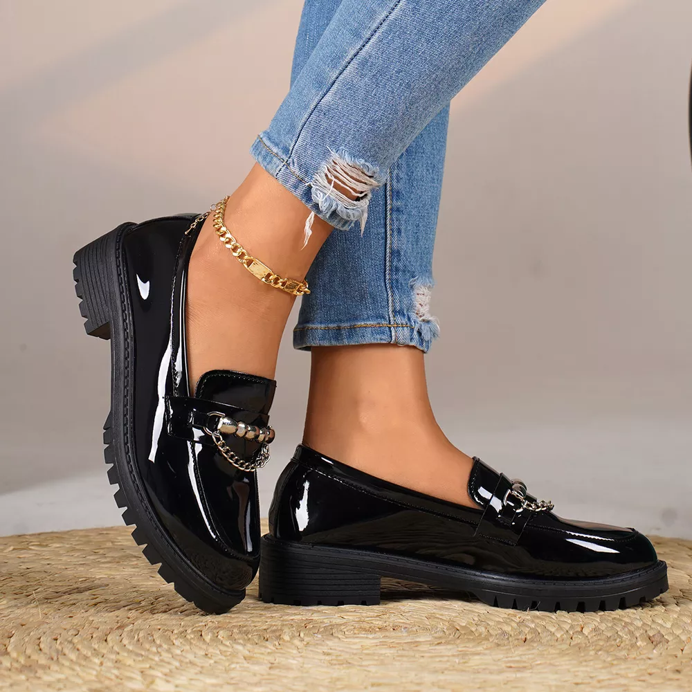 Chain Embellished Round Toe Loafers, image 3