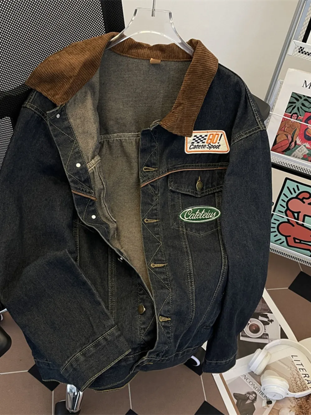 Men's Plus Size Corduroy Collar Button Up Denim Jacket, image 5