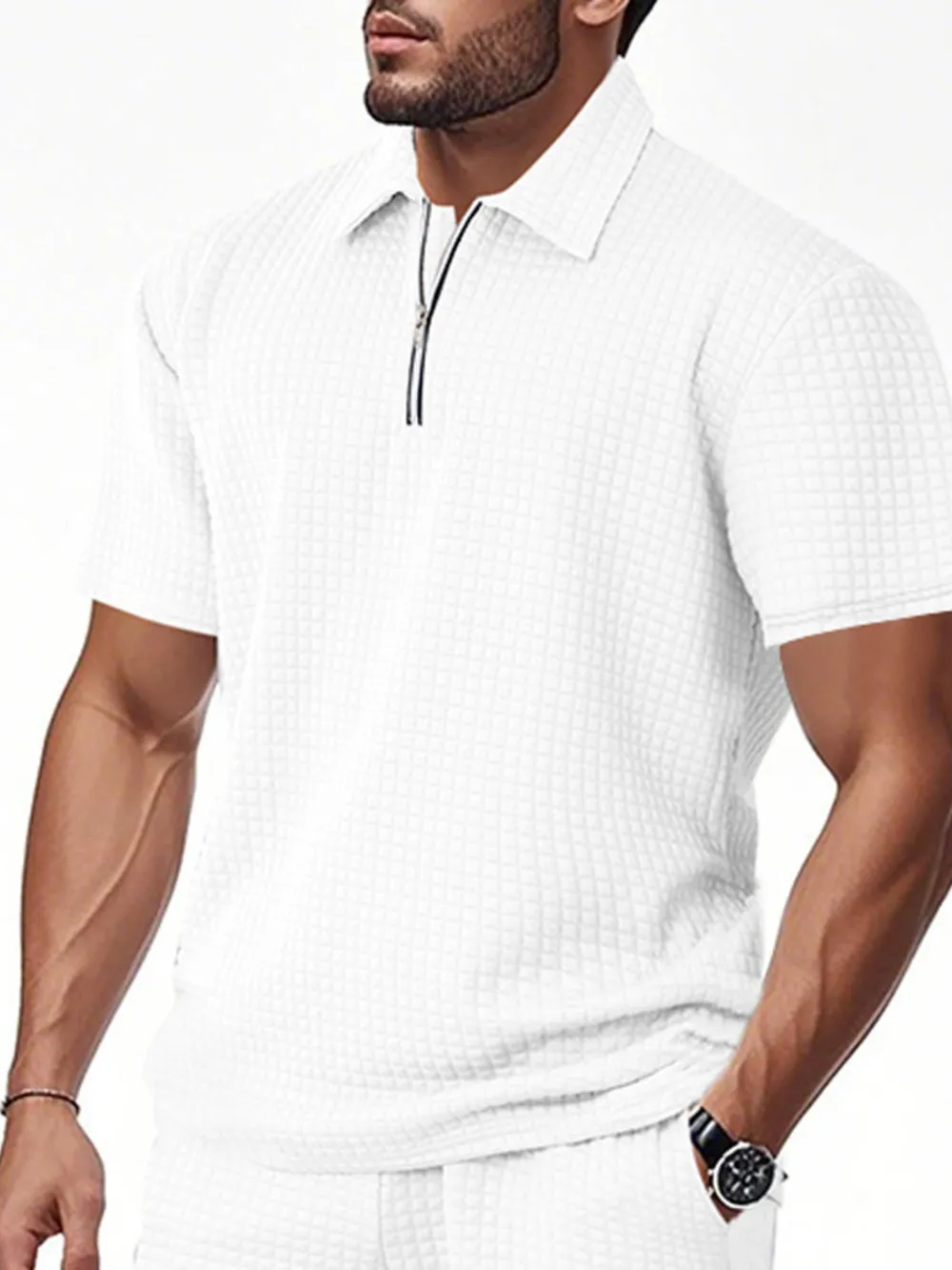 Men's Full Size Waffle Short Sleeve Polo with Zipper Detail Plus Size, image 15