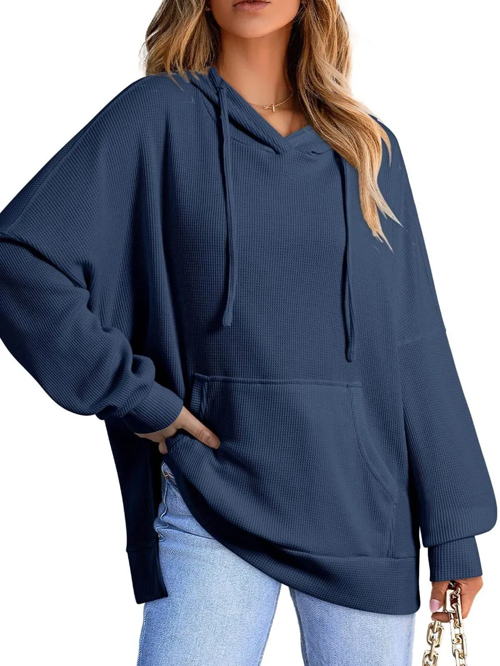 Slit Drawstring Waffle Knit Hoodie, image 16
