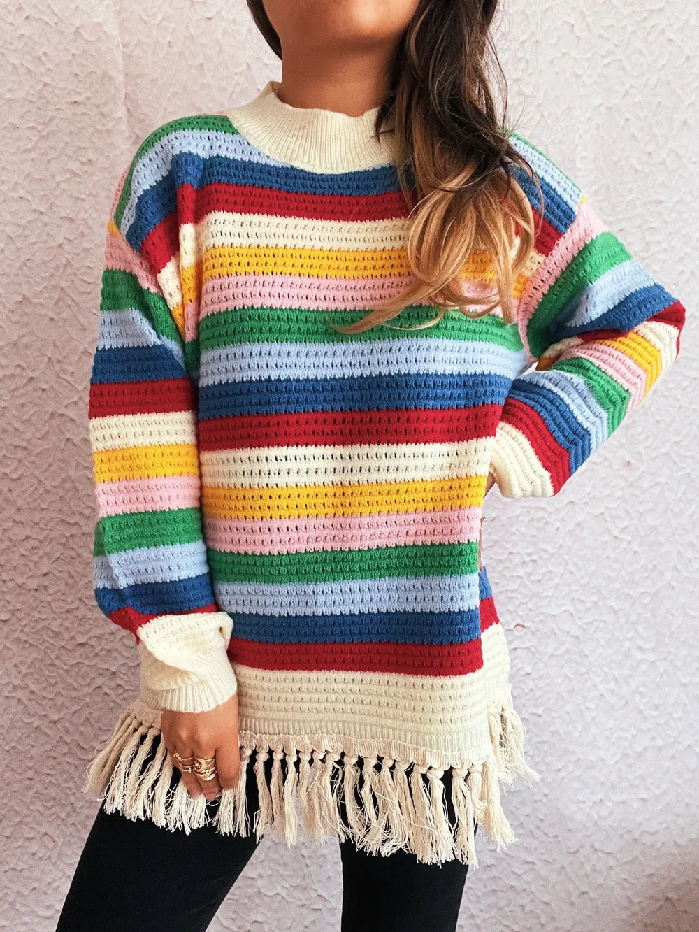 Tassel Rainbow Striped Long Sleeve Sweater, image 4