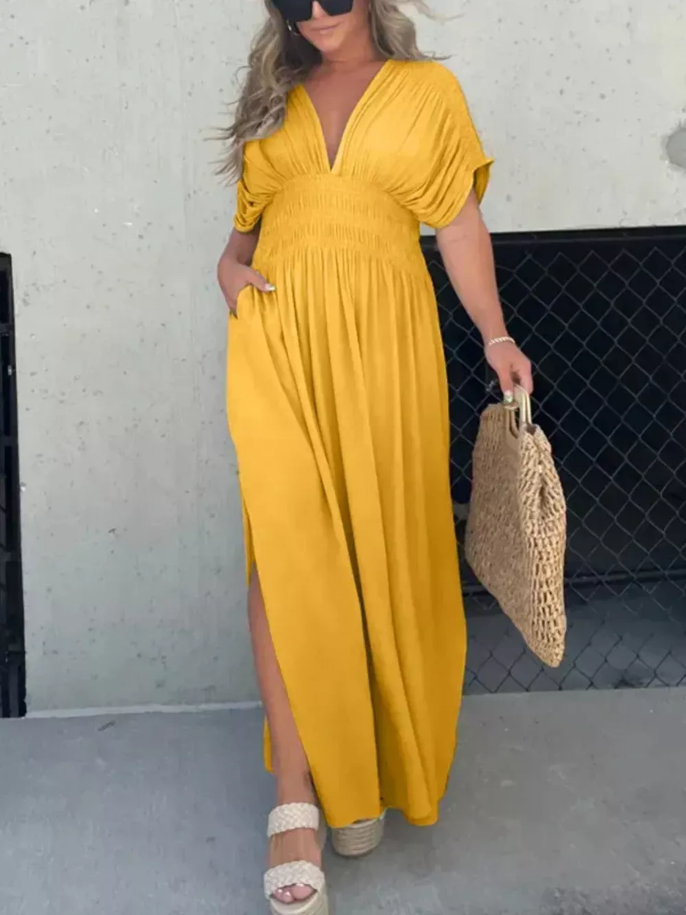 Full Size Slit V-Neck Smocked Waist Maxi Dress Plus Size, image 24