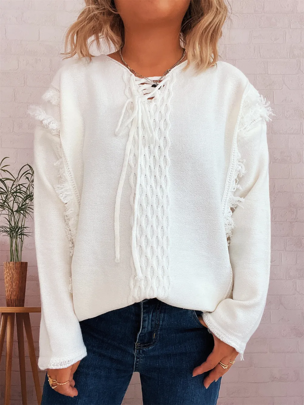 Raw Hem Lace Up Front Sweater, image 5
