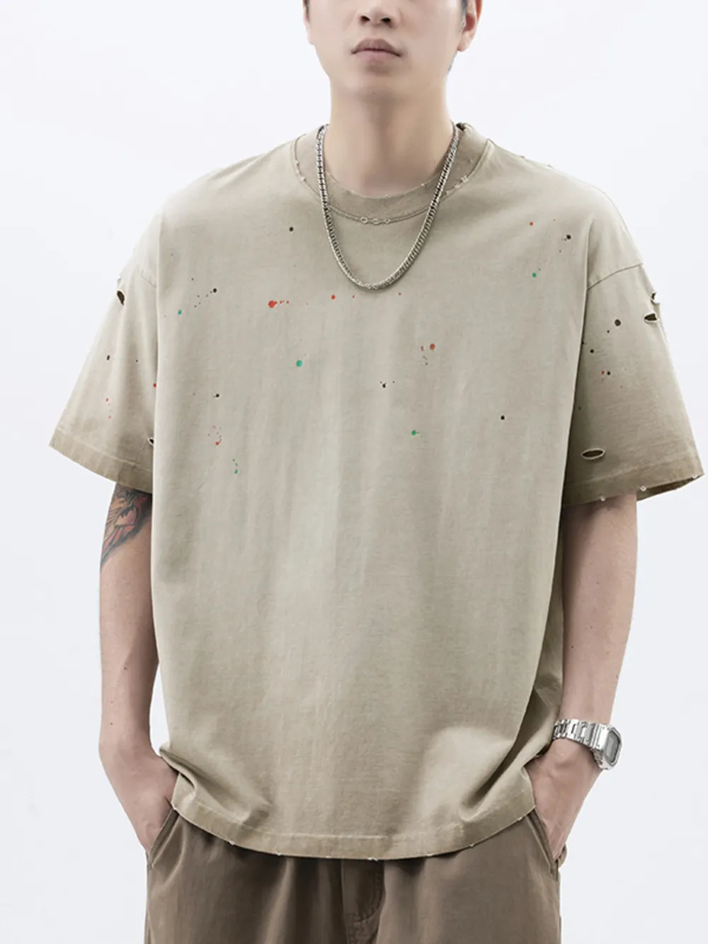 Men's Plus Size Distressed Round Neck Short Sleeve T-Shirt