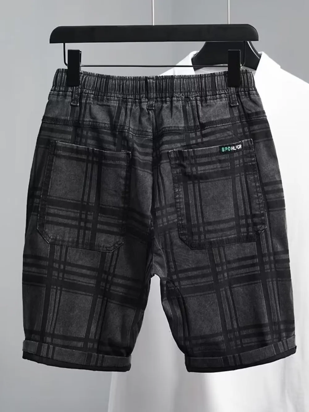Men's Plus Size Plaid Pattern Elastic Waist Denim Shorts